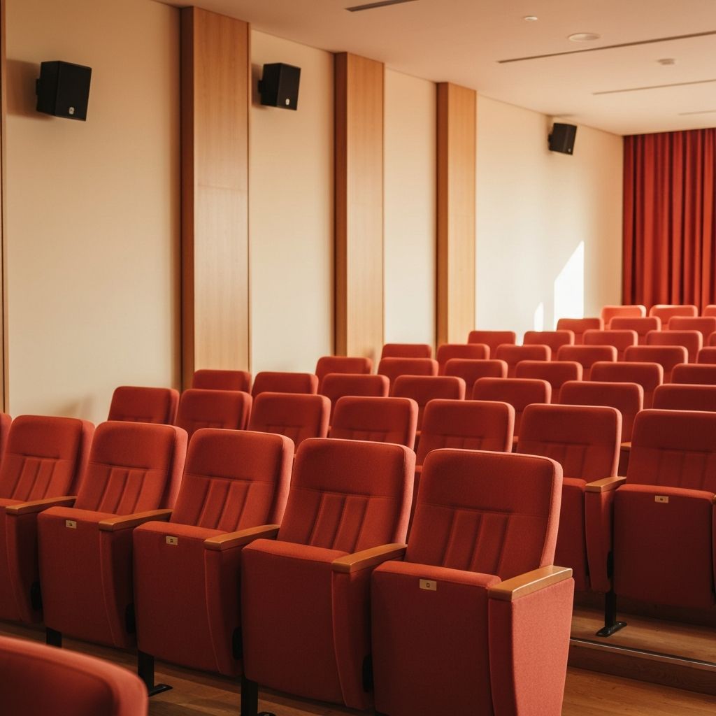 Auditorio cálido con butacas alineadas, listo para el público